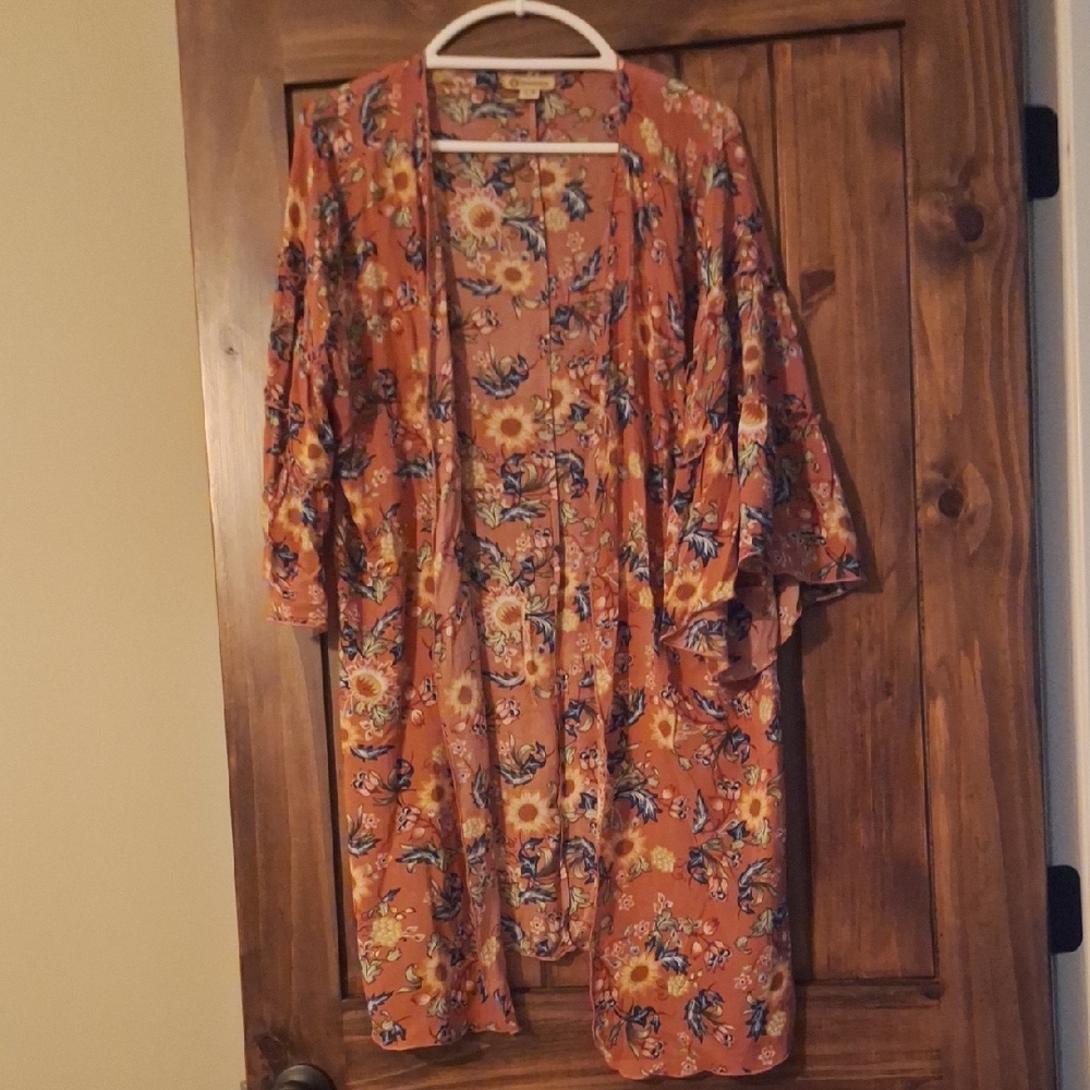 Democracy Floral Kimono Top - Orange and Blue